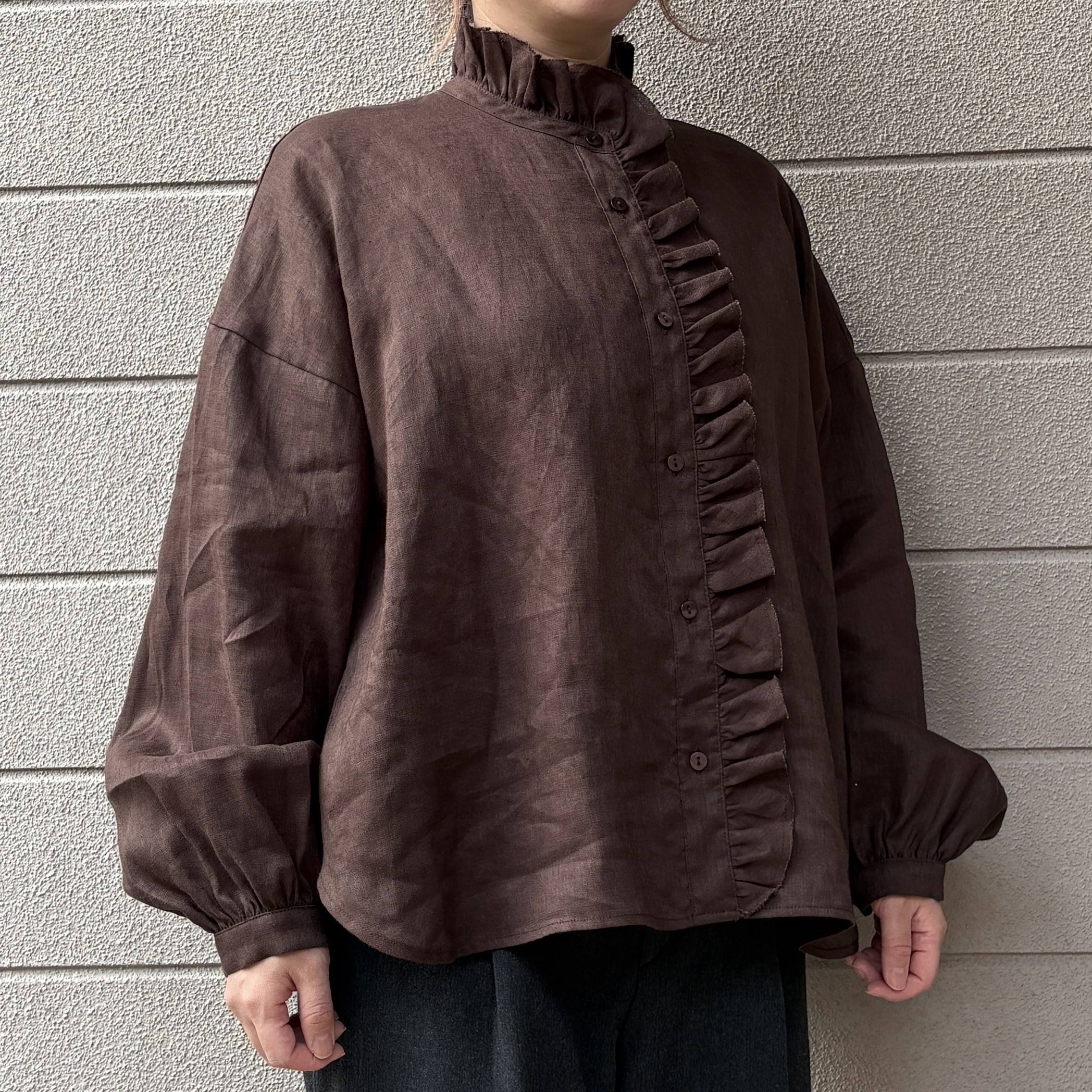 12closetリネンフリルブラウスブラウン