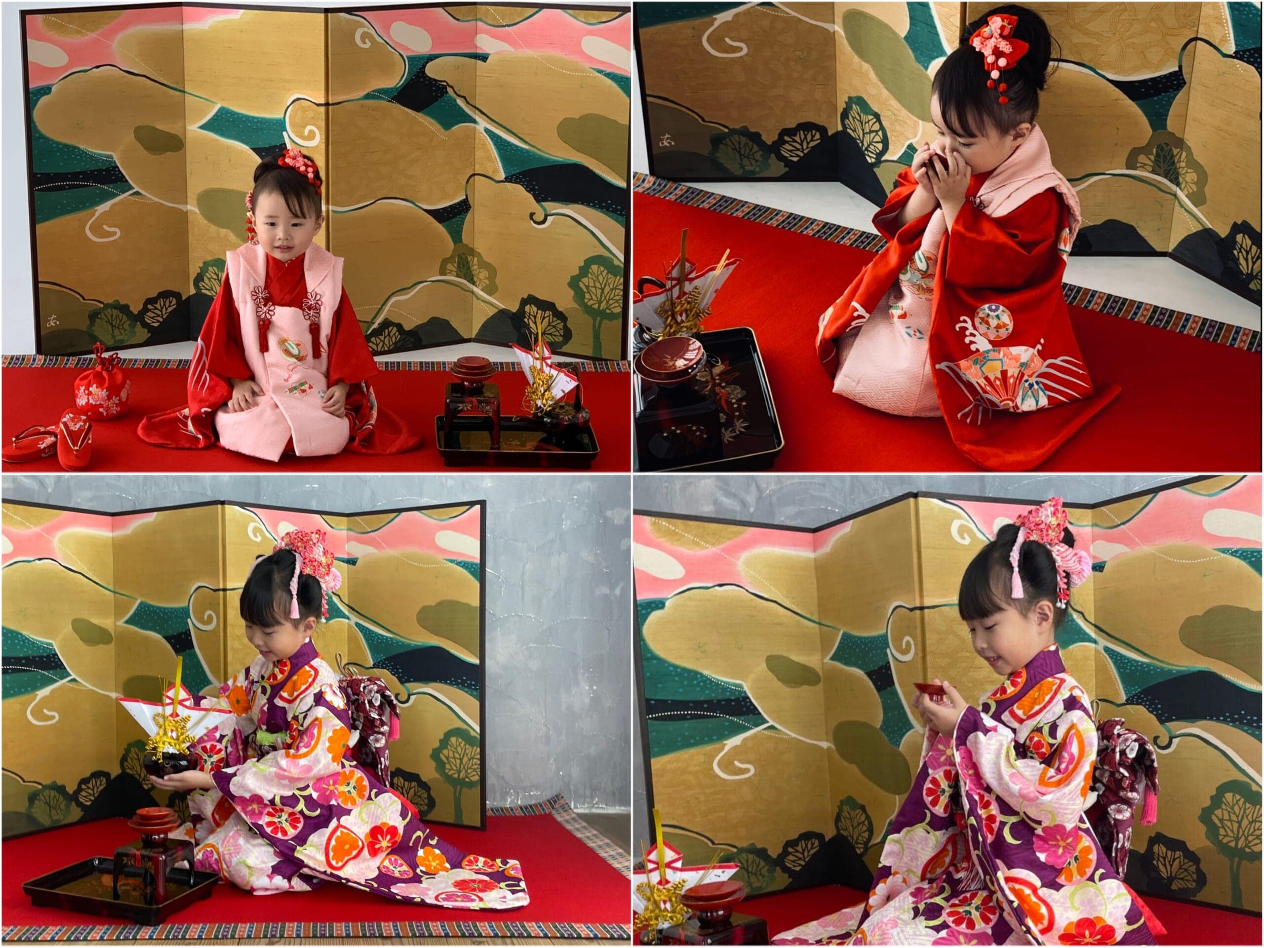 屠蘇器と一緒に女児の七五三撮影。3歳と7歳。