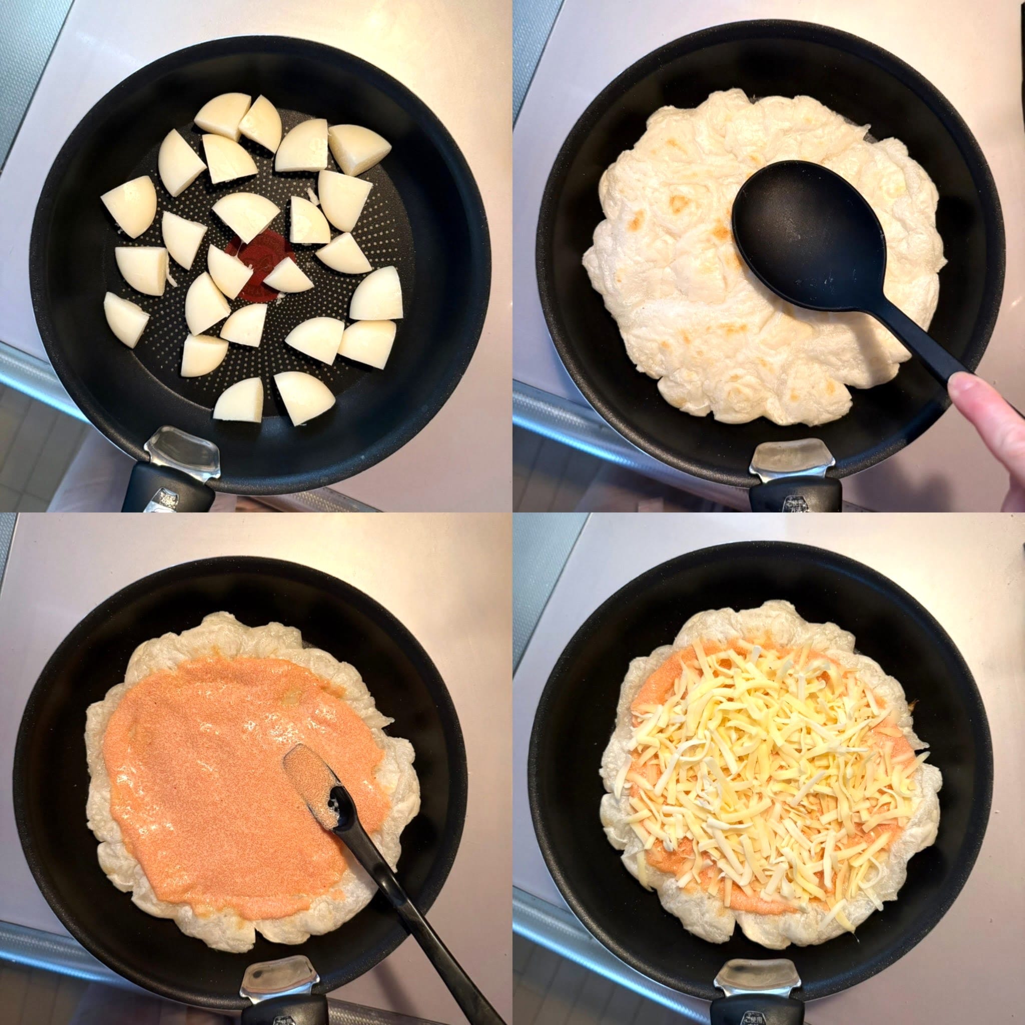 フライパン、調理、餅、明太マヨの餅ピザ