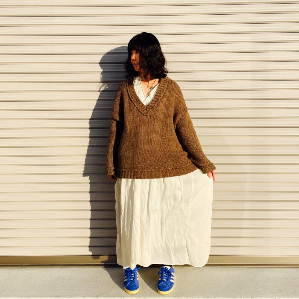 Cotton Silk Smocking Dress Mala KALANCHOE CREDONA ルーズVネックニット