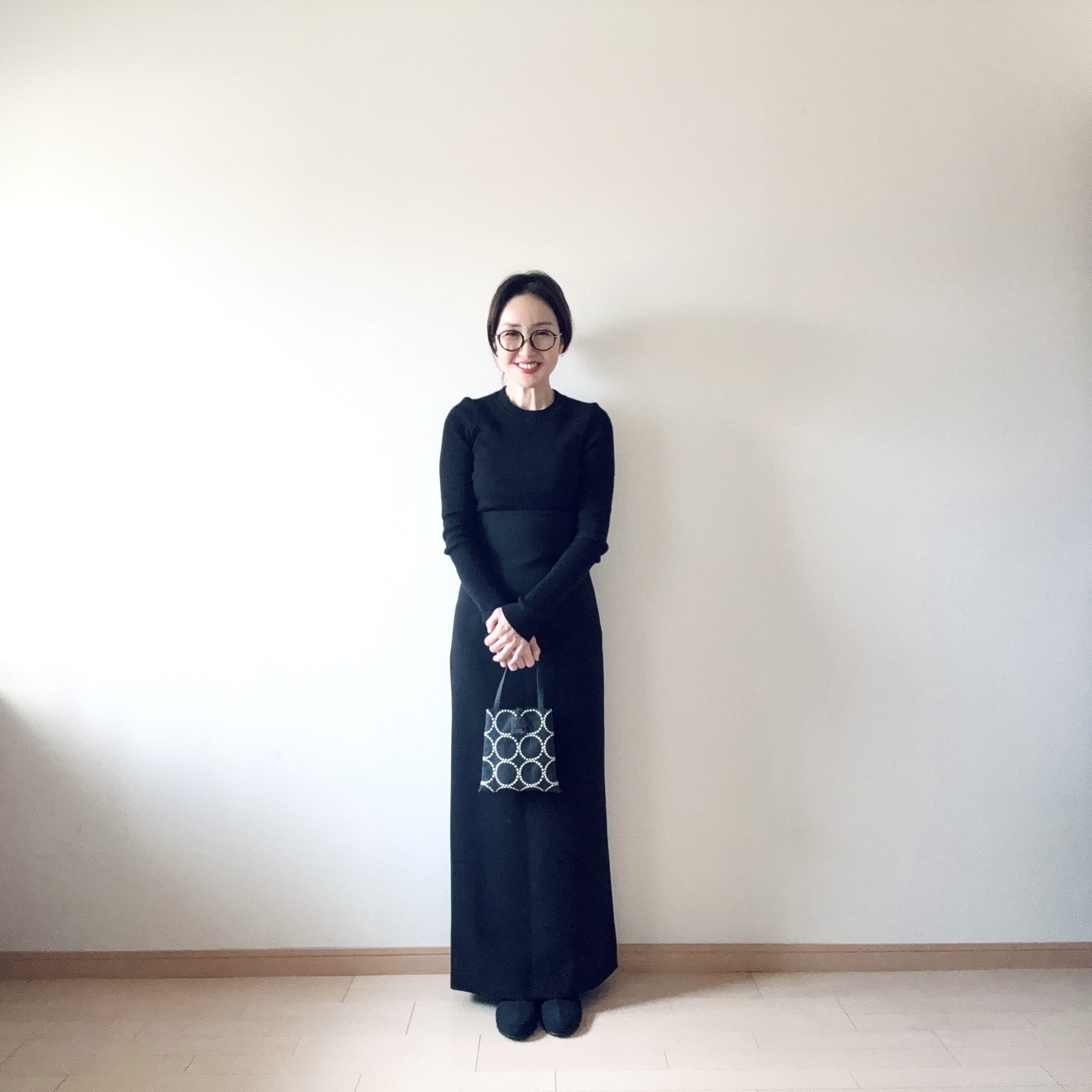 SEA バレリーナ ニーハイブーツ サイズ1 ブラックLAGUNAMOONリブニット、AP STUDIOハイウエストペンシルスカート、mina perhonen タンバリン ミニバッグ