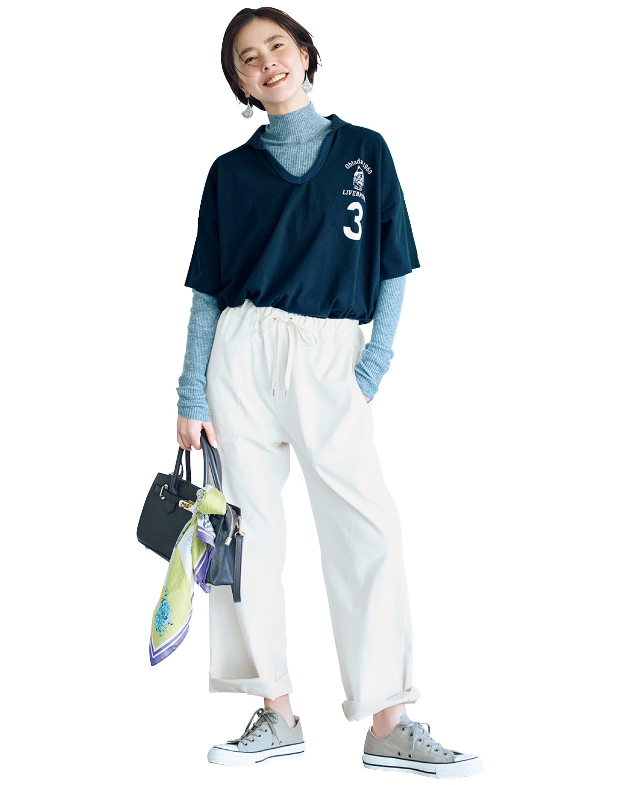 浅見れいなさんのLEE限定 12closet（トゥエルブクローゼット）【洗える】【ストレッチ】【吸水速乾】【UVカット】【透けにくい】多機能ザ・エブリバディパンツ オフホワイトのコーデ2（正面）