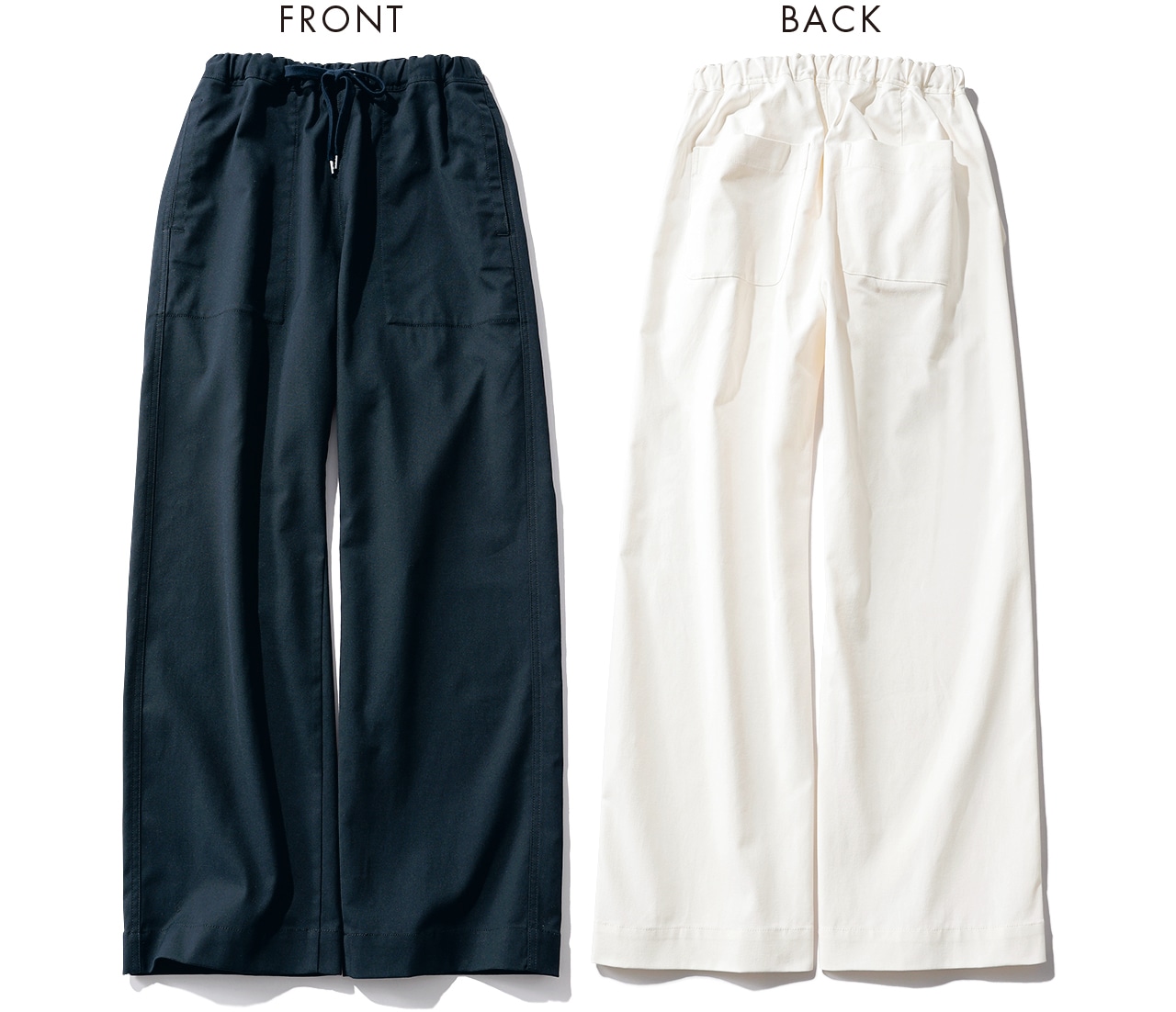 LEE限定 12closet（トゥエルブクローゼット）【洗える】【ストレッチ】【吸水速乾】【UVカット】【透けにくい】多機能ザ・エブリバディパンツ　オフホワイト（背面）　ネイビー（正面）