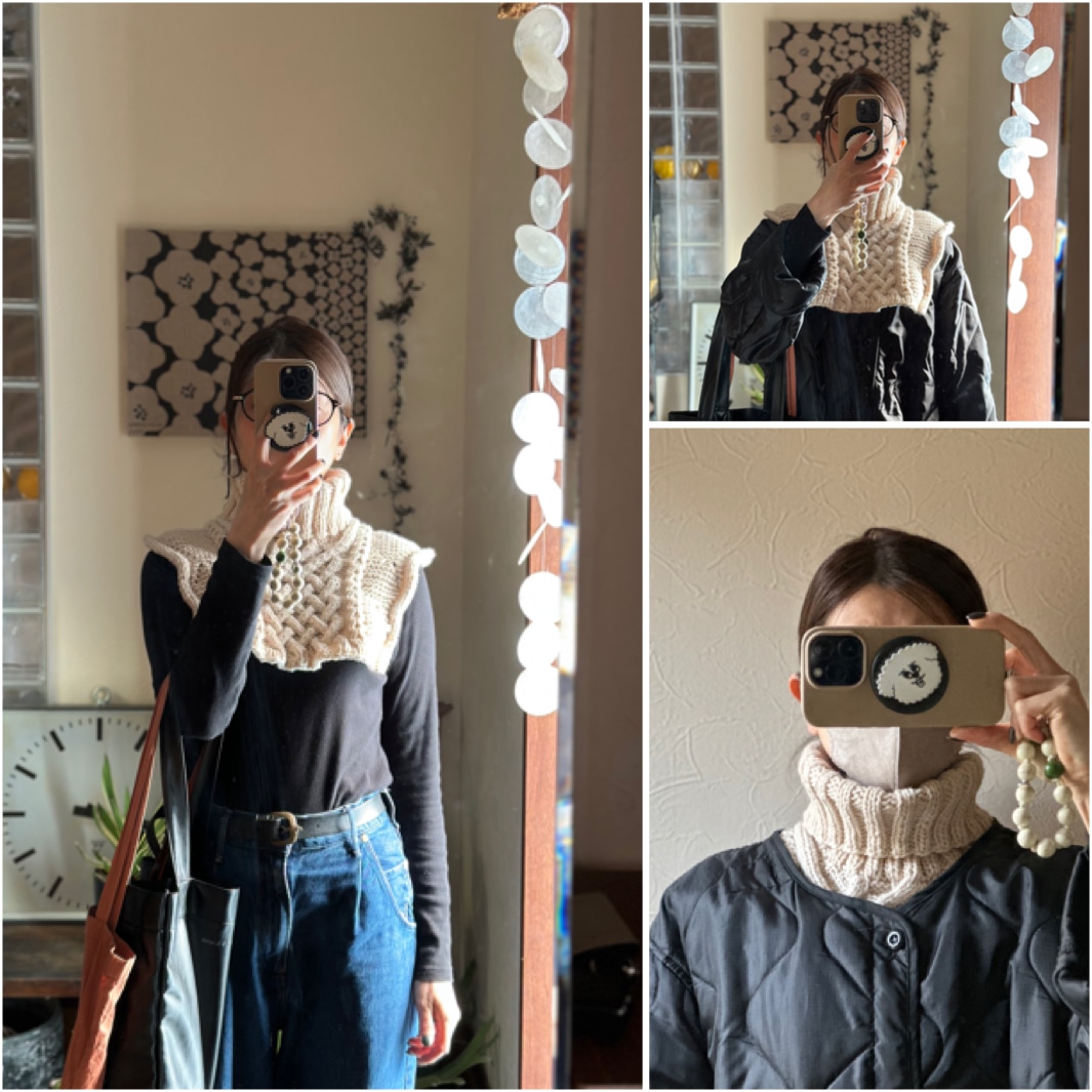 クラウディアのネックウォーマー　編み物　ネックウォーマーコーデ