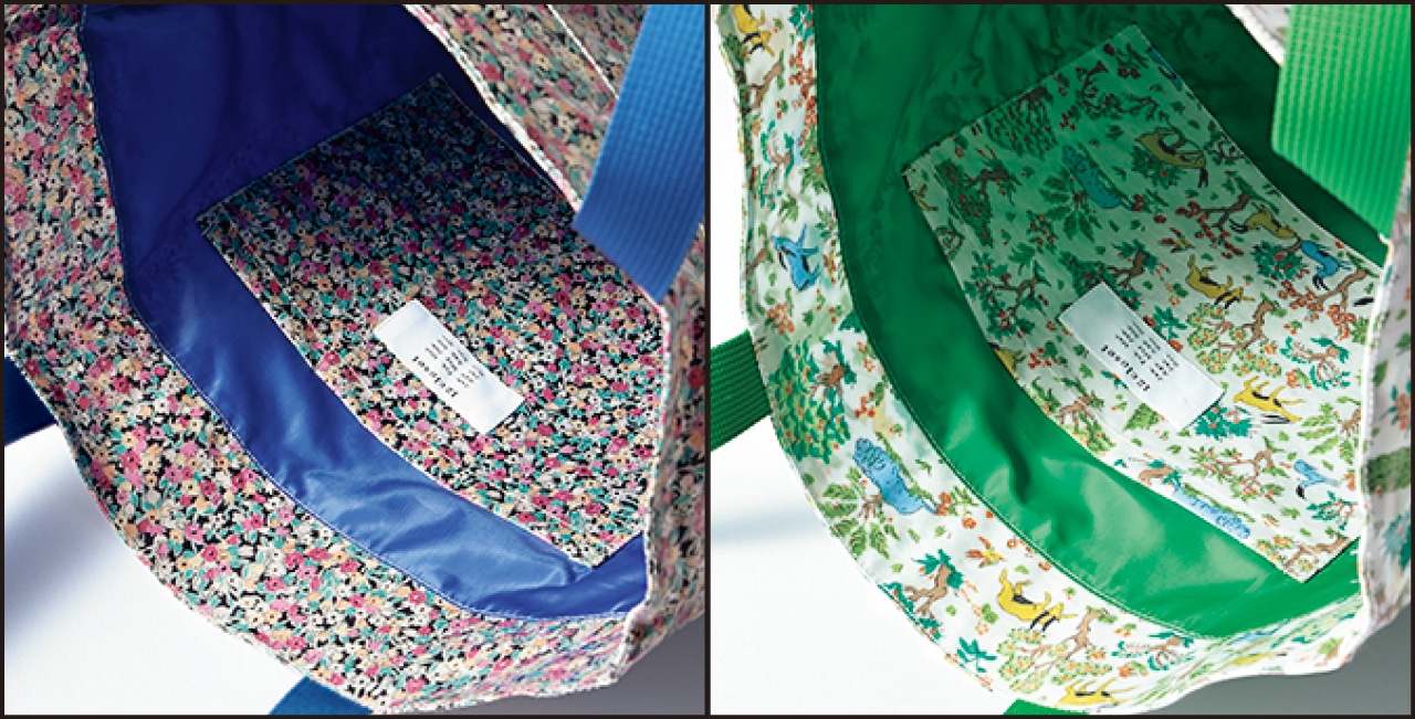 内側にパッチポケットをひとつ。裏地にハンドルと同色の生地を使用し、覗くたびに気分が上がるデザインに。