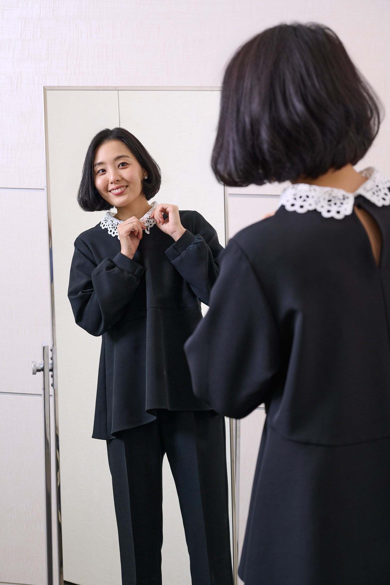 「GLOBALWORK(グローバルワーク)」高橋夏果さんセットアップ試着 衿部分