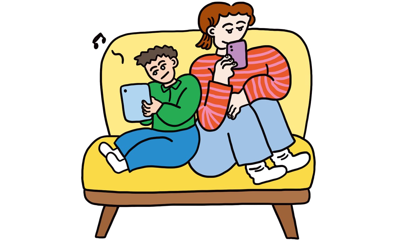 タブレットに夢中な子どもとスマホに夢中な大人のイラスト