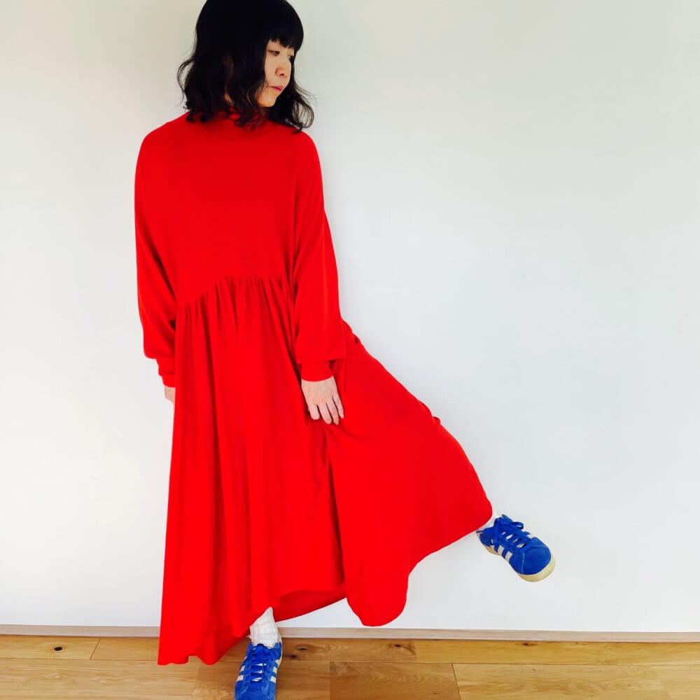 Curensology カレンソロジー ウールハイネックギャザーワンピース レッド