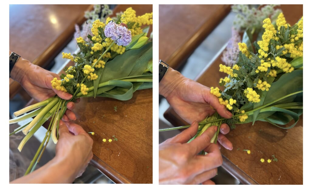 チューリップやミモザの花束の作り方の紹介、手順。