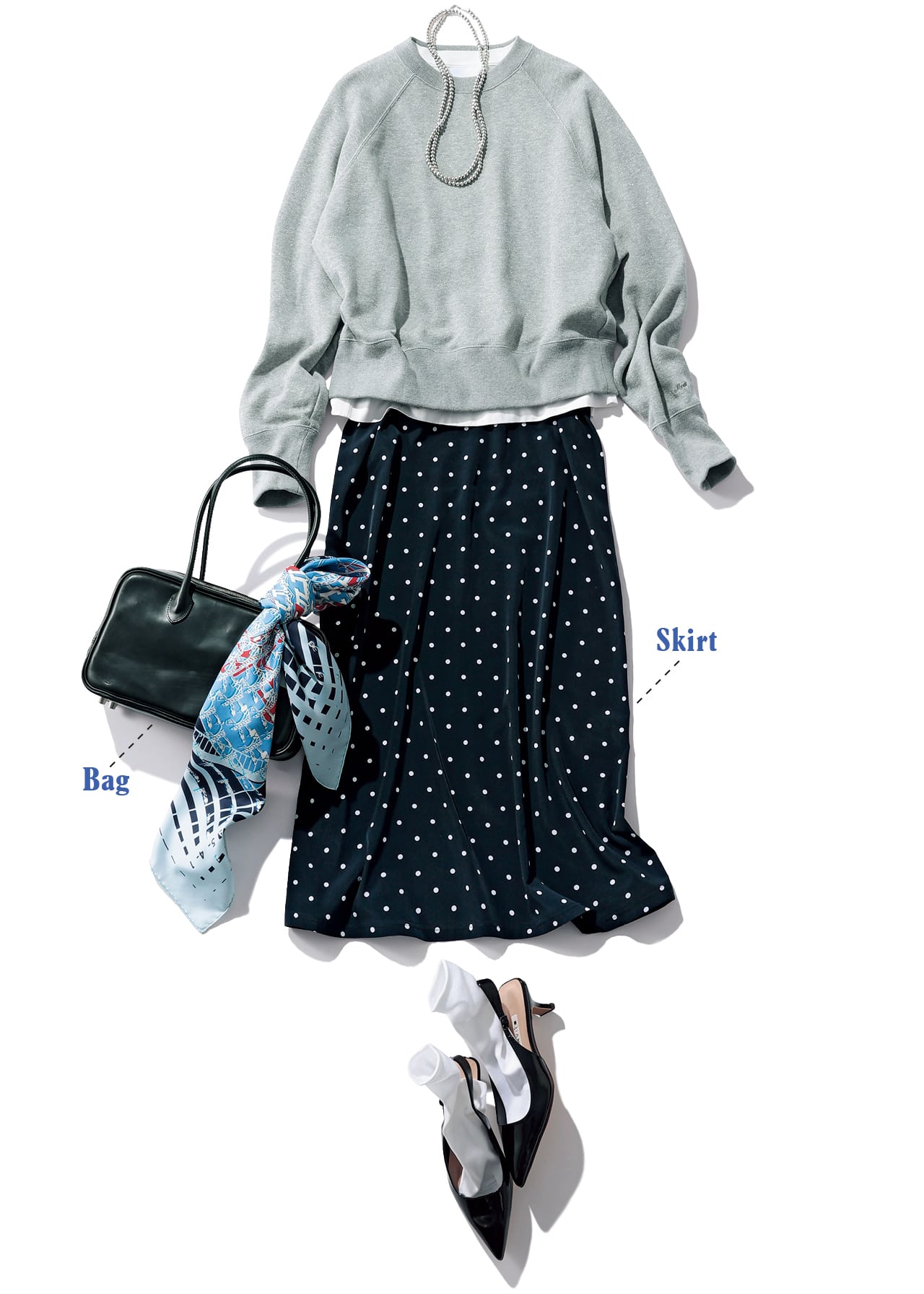 Oblada(オブラダ)DOT EASY SKIRTとOblada(オブラダ)STEADY BAGのコーデ