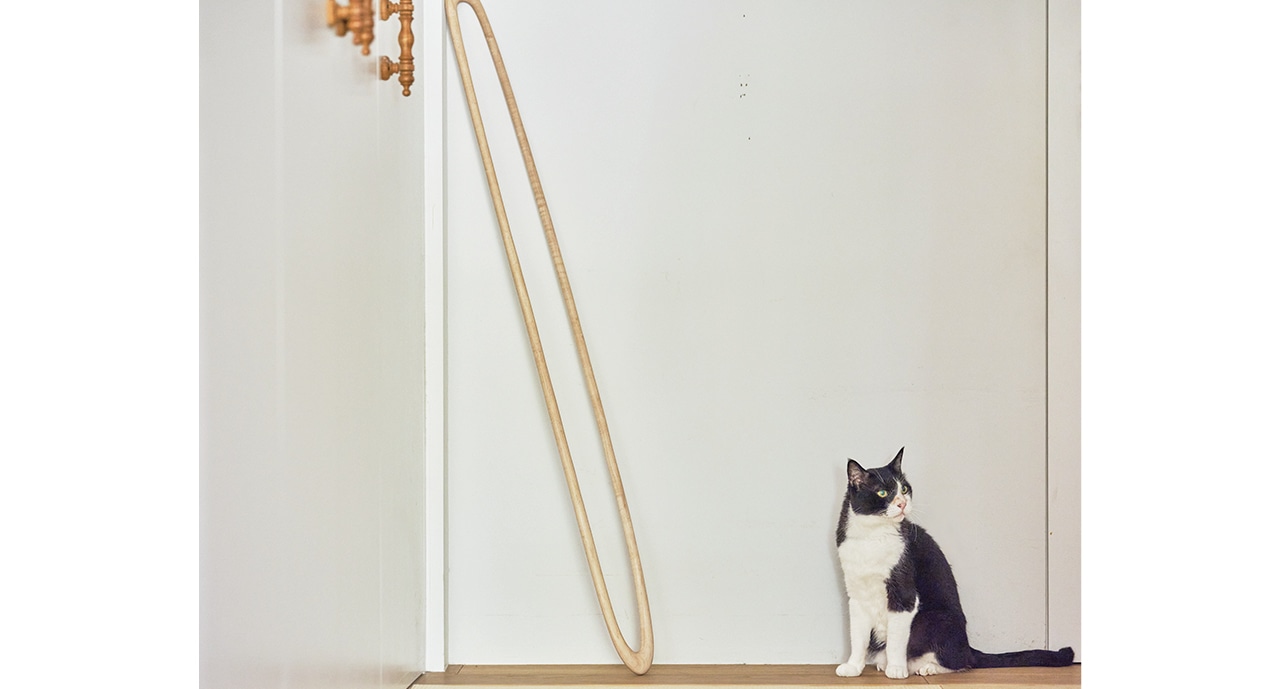 細長い楕円形リングのオブジェ。壁に掛けたり、立てかけるだけでも絵になる。