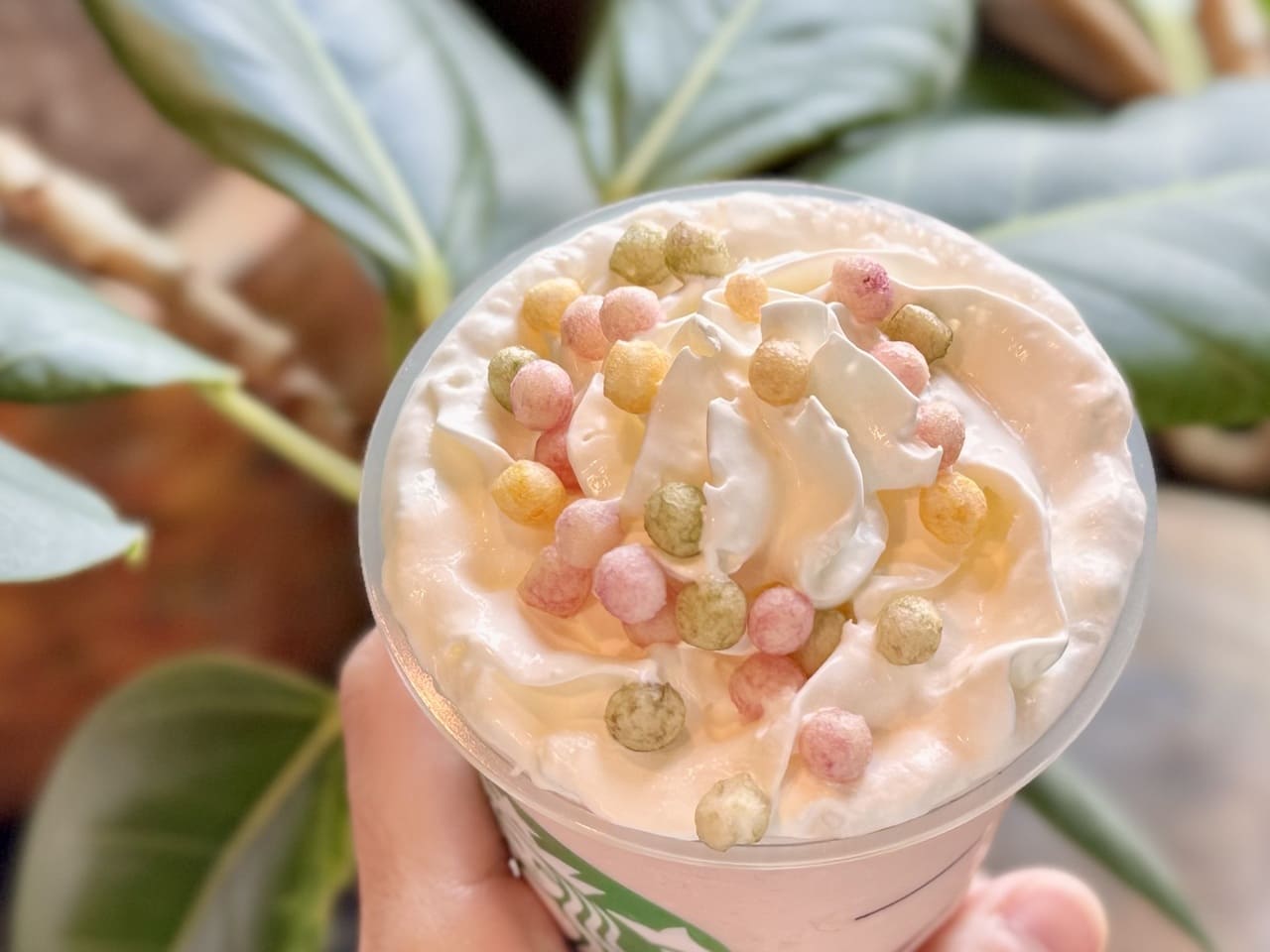 スタバオリジナルおいりがホイップにトッピングされている様子