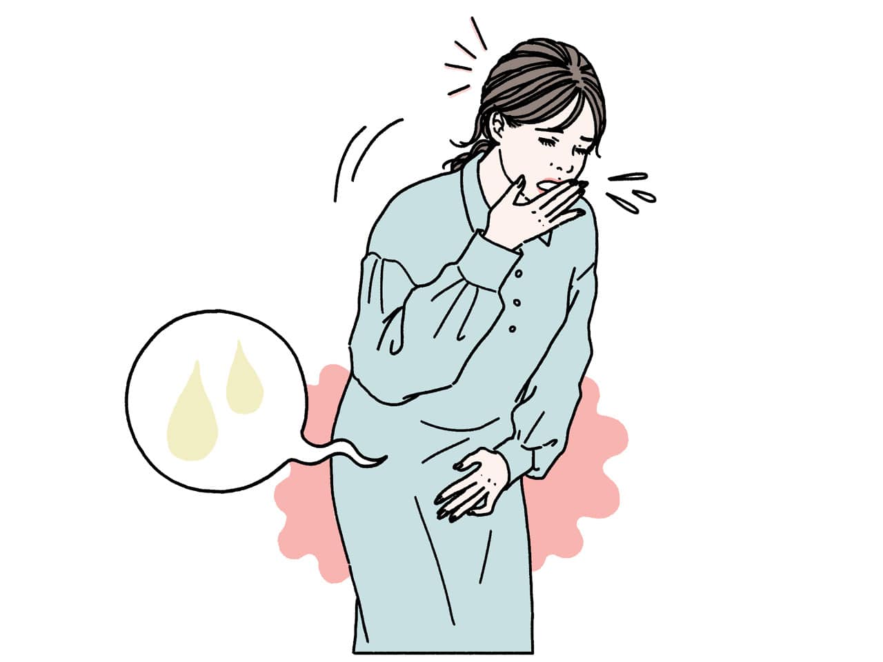 くしゃみや重いものを持ち上げたときなどお腹に圧がかかったときに、予期せぬ尿もれを起こしてしまい、お腹を押さえて困惑する女性のイラスト。