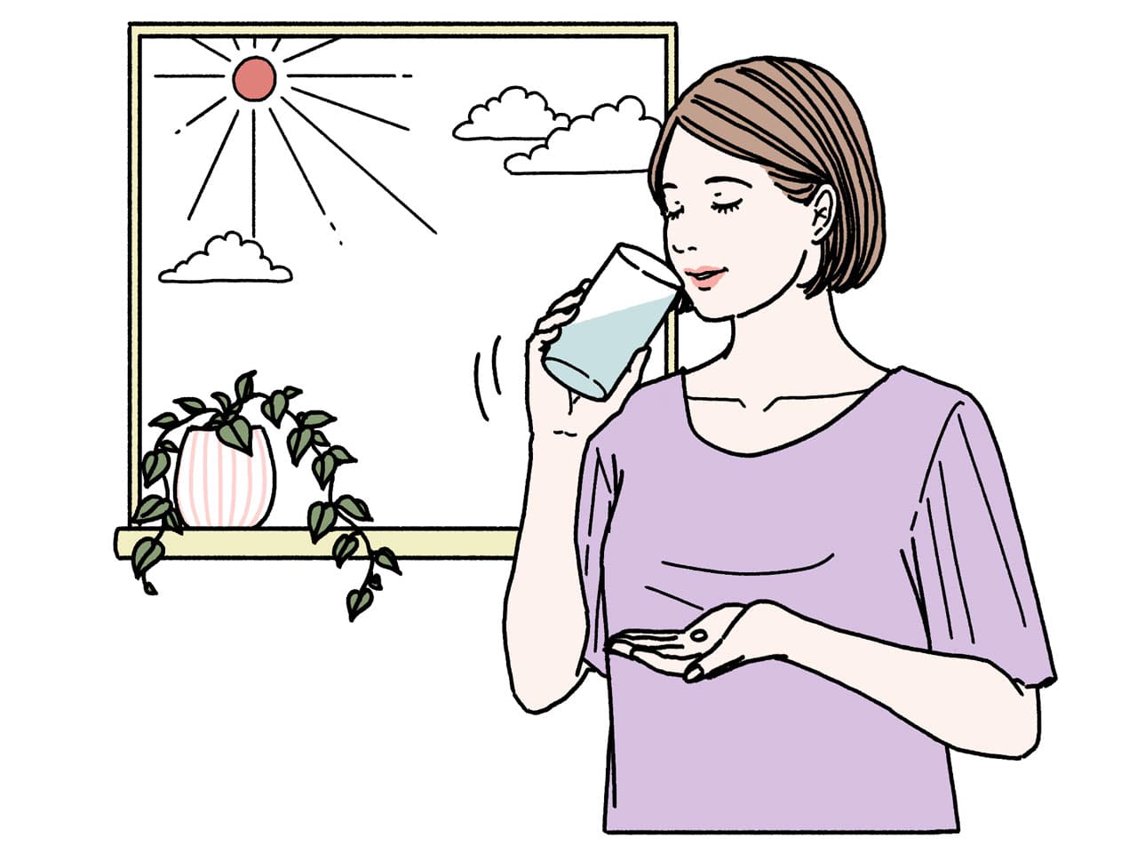 朝の光が差し込む窓際で、水と一緒に1錠の薬を服用する女性。