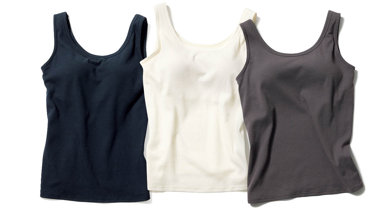 ブラデリスニューヨークピース［洗える］［吸汗速乾］［接触冷感］［UVカット］【LEE別注】楽なのに補整！ ブラ付きリブタンクトップ　ブラック、アイボリー、チャコール