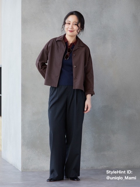 ユニクロ　オープンカラーショートジャケット　ダークブラウン着用コーデ