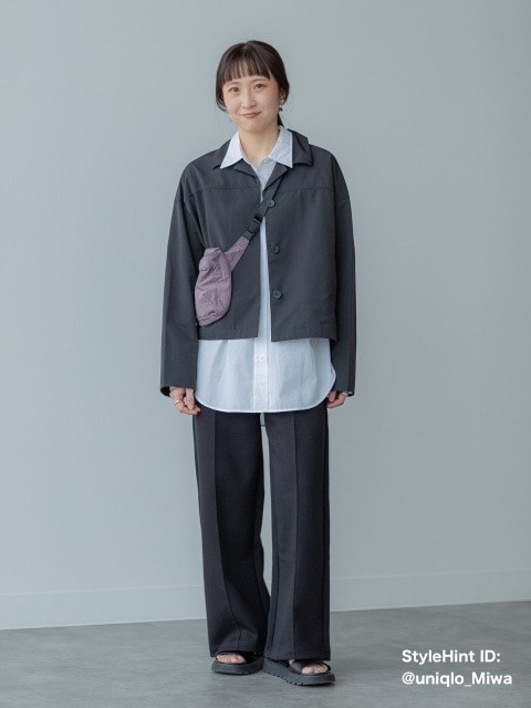 ユニクロ　オープンカラーショートジャケット　ブラック着用コーデ