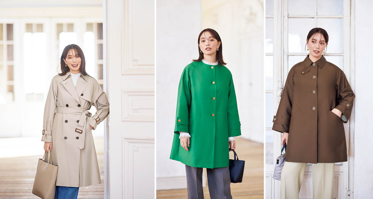 蛯原友里さんの「ウェルベリー」進化系トレンチ、華やかなノーカラー、トラッドなステンカラー、大人に似合う3タイプのコーデ