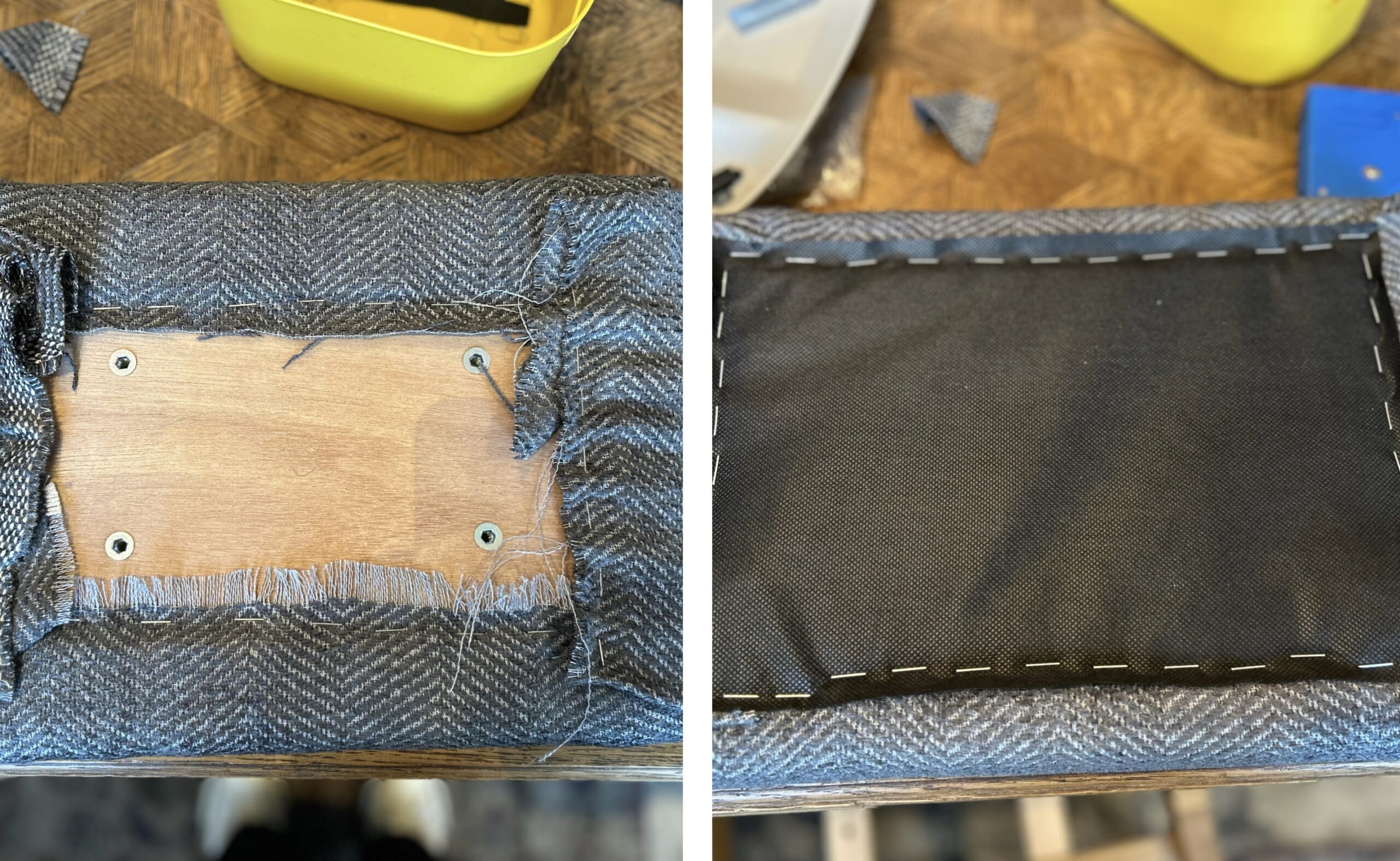 おしゃれな手作り椅子（スツール）を簡単にできる作り方の説明。座板に布の処理作業。