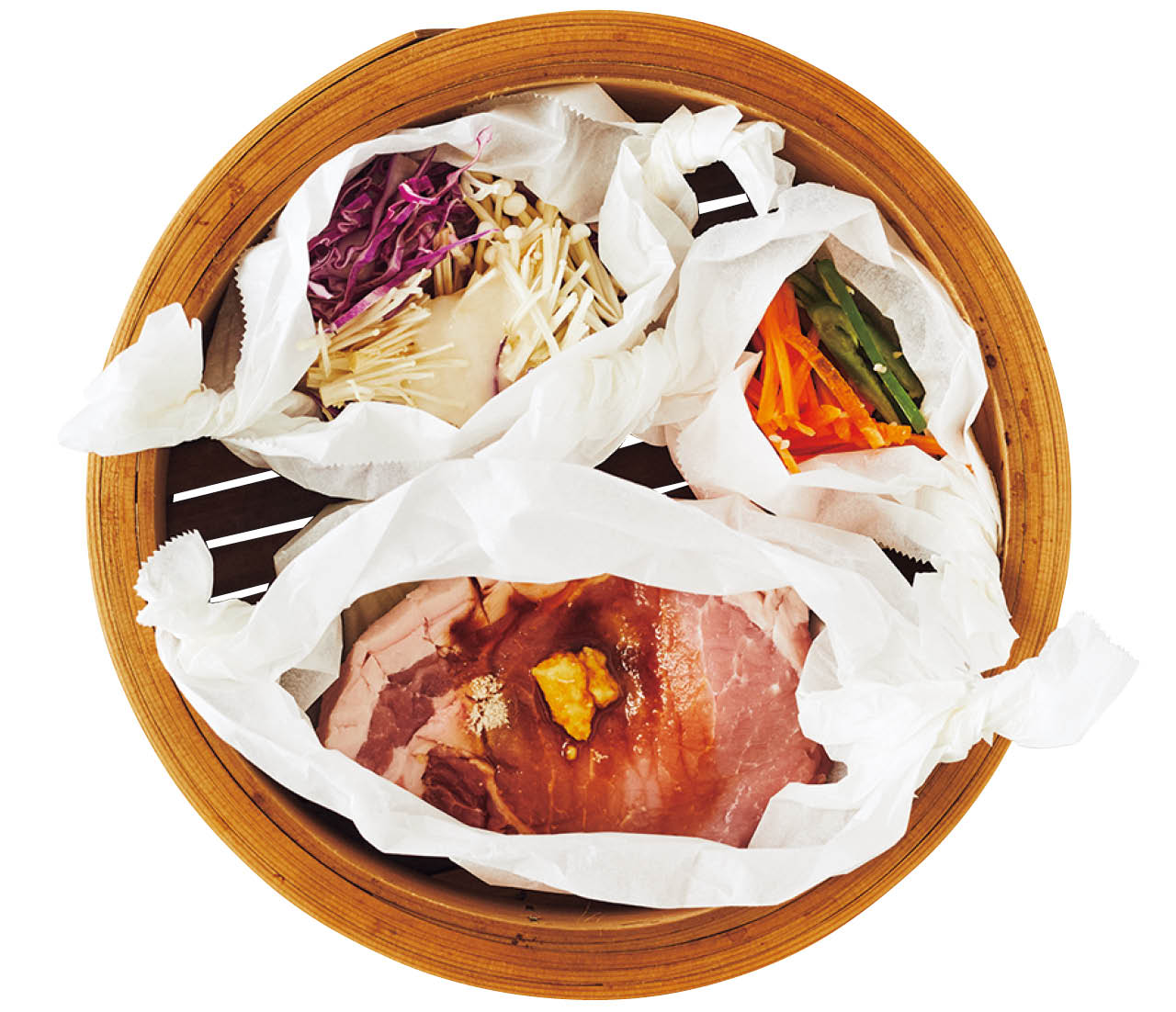 肉の上の調味料は、混ぜずに蒸してOKです！