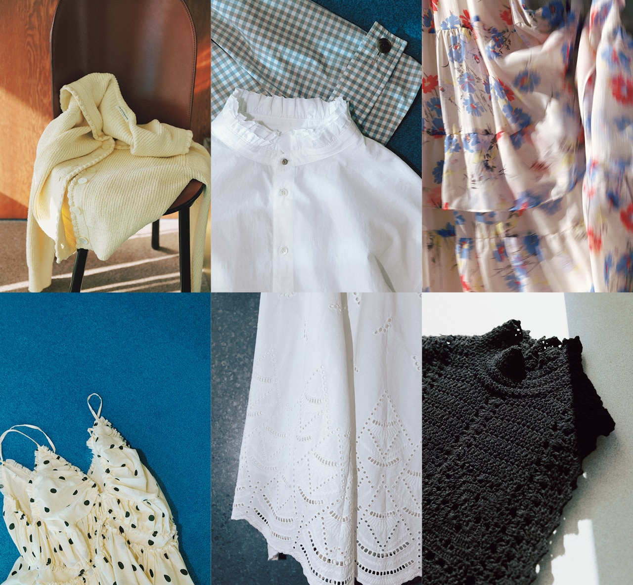 水玉模様のフリルキャミ、花柄のワンピース、セーラー衿のカーディガン、ギンガムチェックとフリル、白いレーススカート、かぎ針編みニット