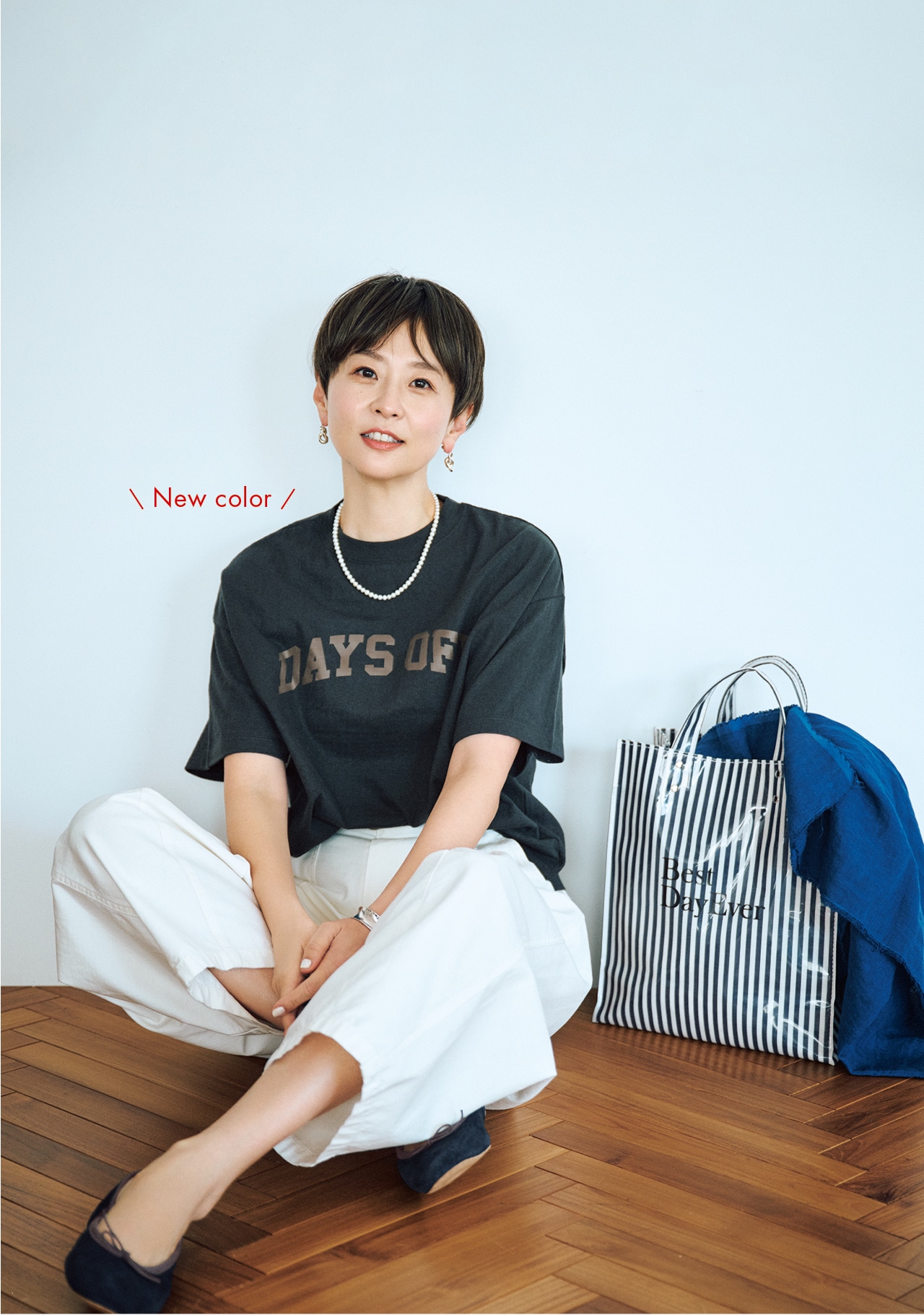 五明祐子さんの20th Anniv. LEE DAYS限定 Americana(アメリカーナ)【洗える】【五明祐子さんコラボ】ロゴTシャツと20th Anniv. LEE DAYS限定 Porselli(ポルセリ)【五明祐子さんコラボ】バレエシューズのコーデ