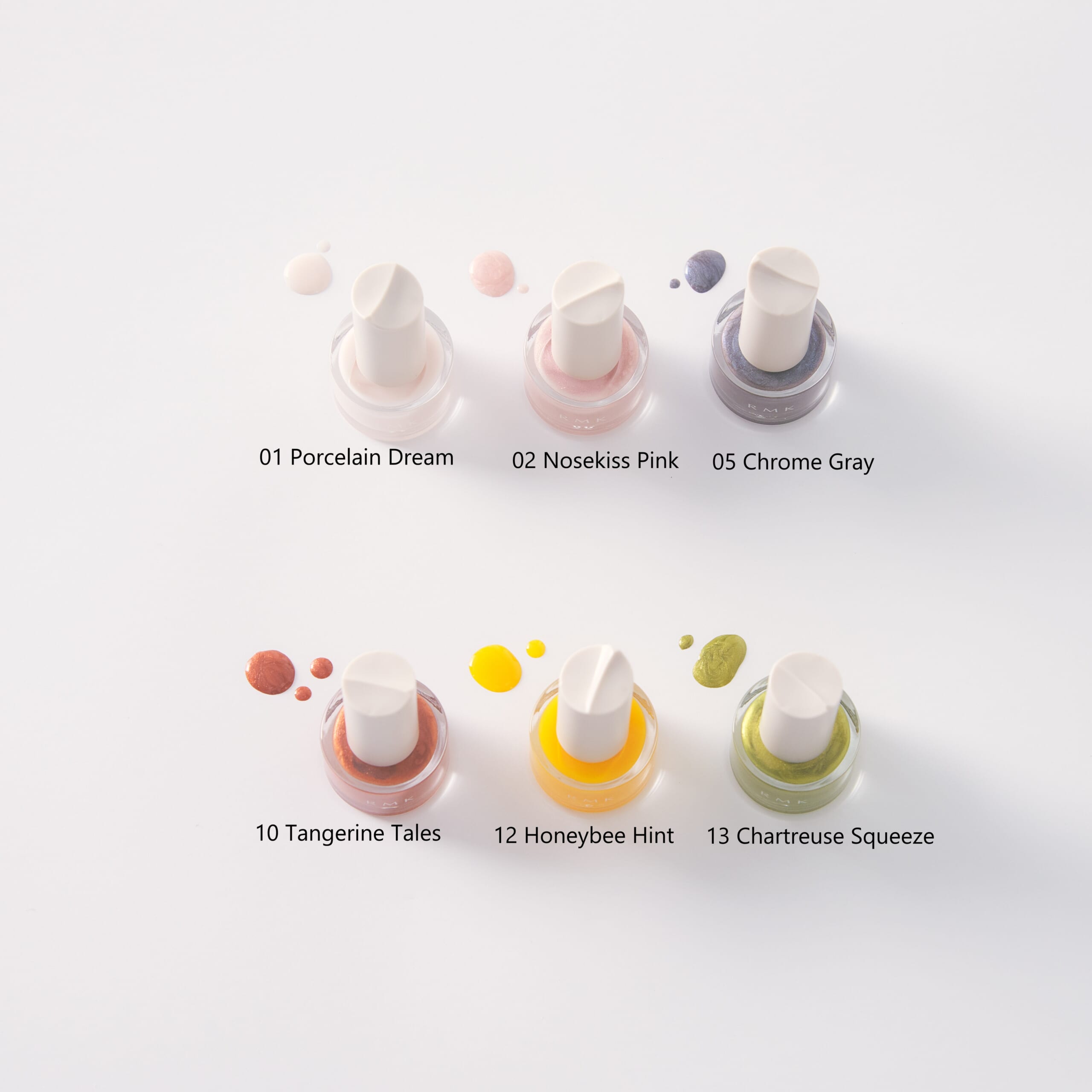 上段左から、【01 ポーセリン ドリーム】、【02 ノーズキス ピンク】、【05 クローム　グレー】。下段左から、【10 タンジェリン テイルズ】、【12 ハニービー ヒント】、【13 シャルトルーズ スクイーズ】。