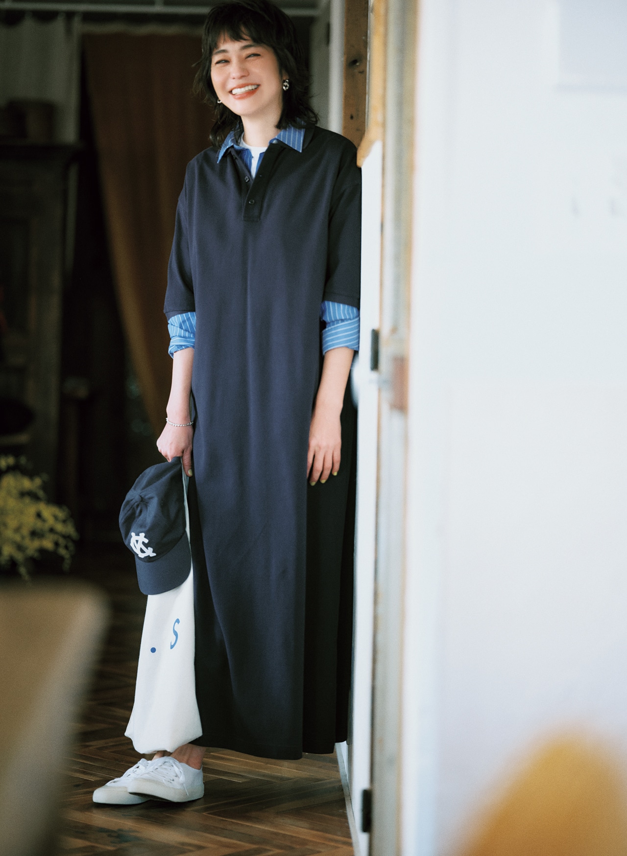 竹下玲奈さんの20th Anniv. LEE限定 12closet（トゥエルブクローゼット）【洗える】【石上美津江さんコラボ】鹿の子ポロワンピース ネイビーのコーデ