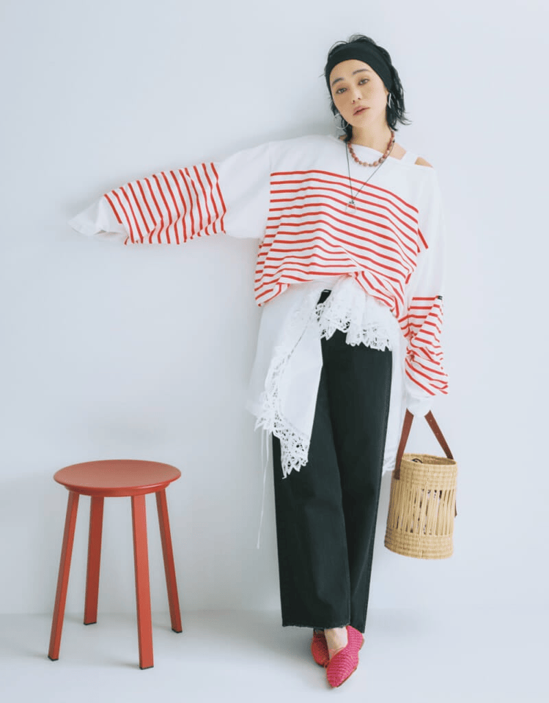 ウティ　ボーダーカットソー（赤）のコーデ