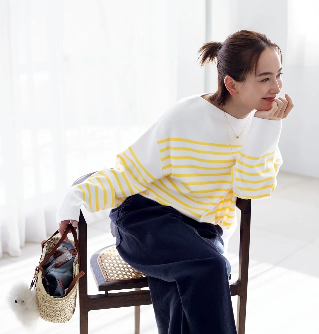 12closet「ボートネックボーダーニット」（イエロー）のコーデ