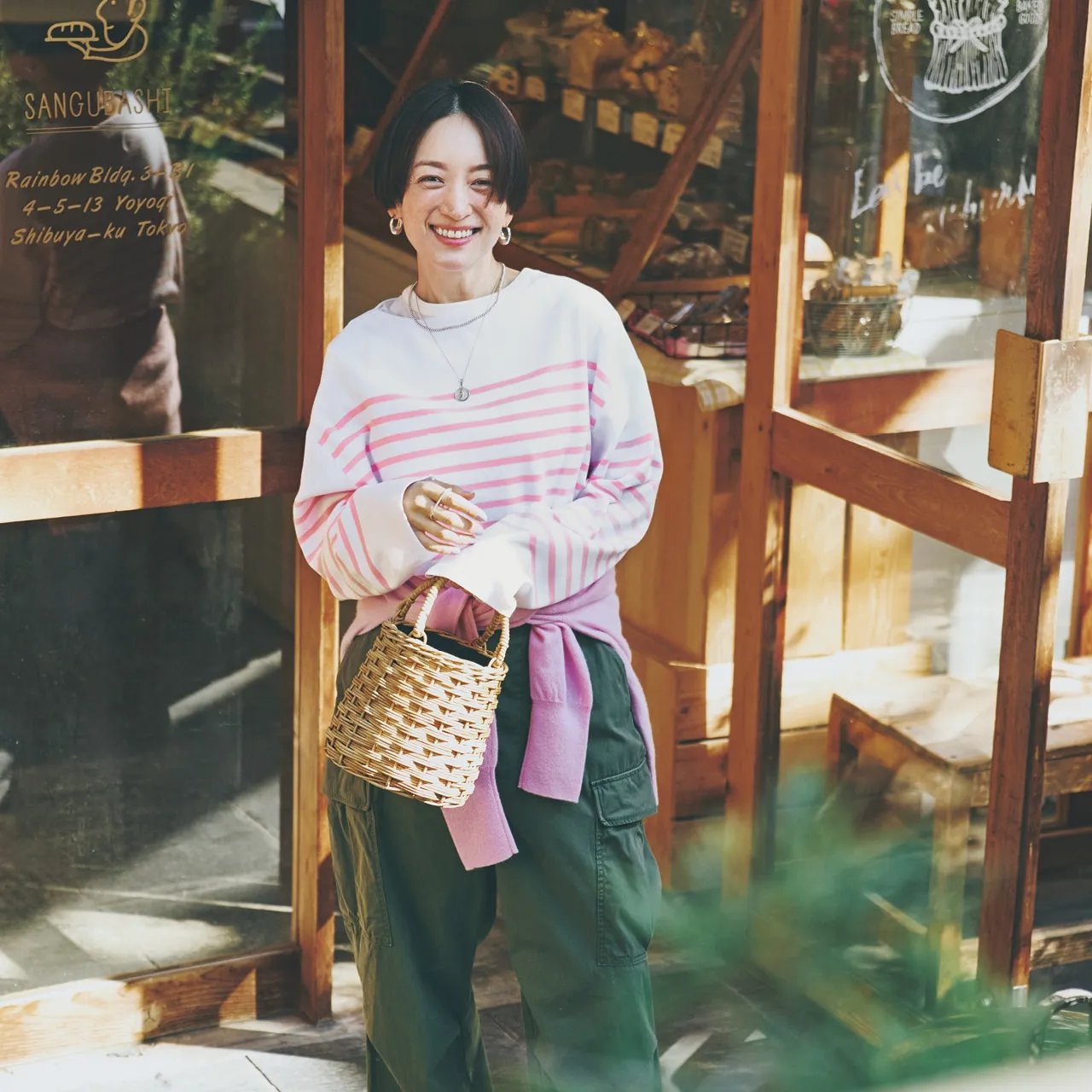 12closet「ボートネックボーダーニット」（ピンク）のコーデ