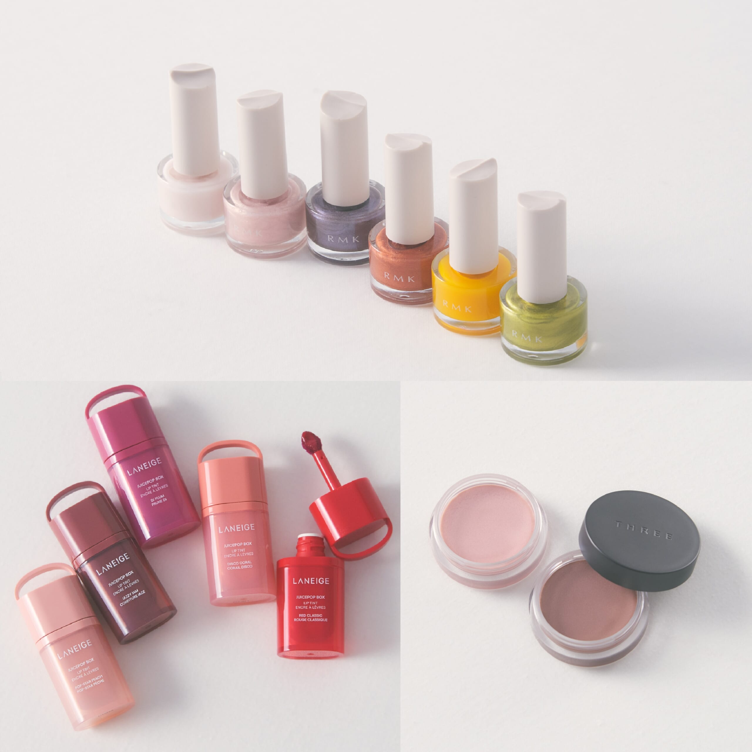 RMKのネイル、THREEのカラーバーム、ラネージュのティントリップ