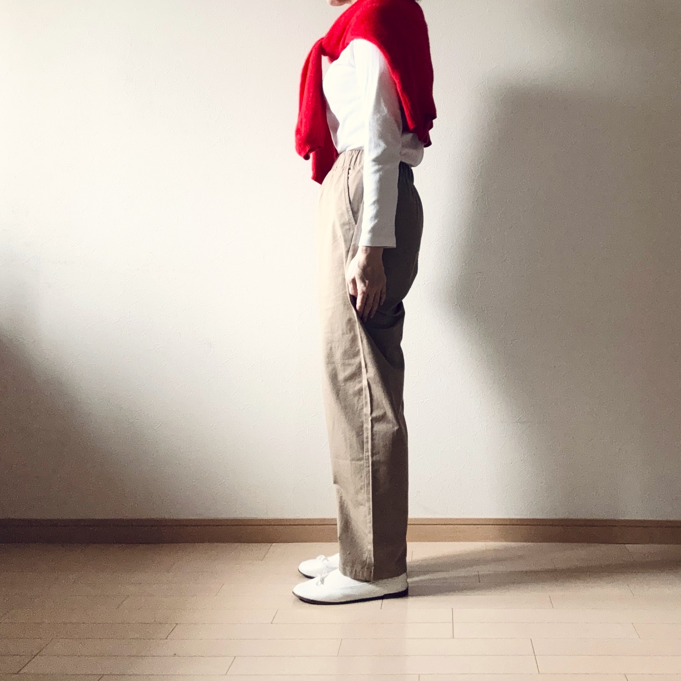 martinique カーディガン
UNIQLO カットソー
 洗いざらし　コットンイージーテーパードパンツ婦人Ｓ・ベージュ
Repetto シューズ：
Johanna Gullichsen テトラバッグ
