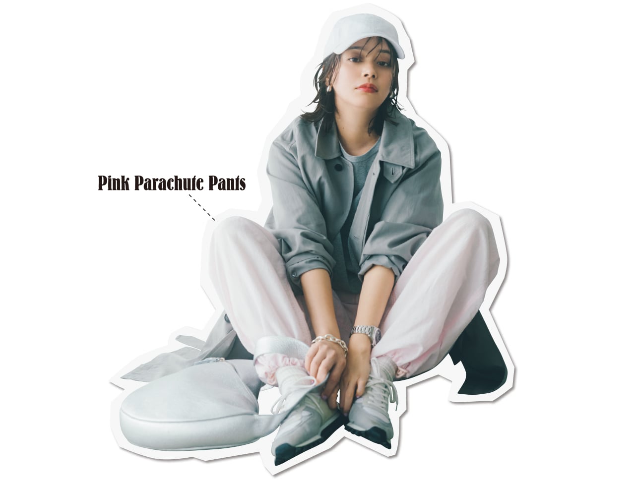 岸本セシルさん ピンクのパラシュートパンツ コーデ