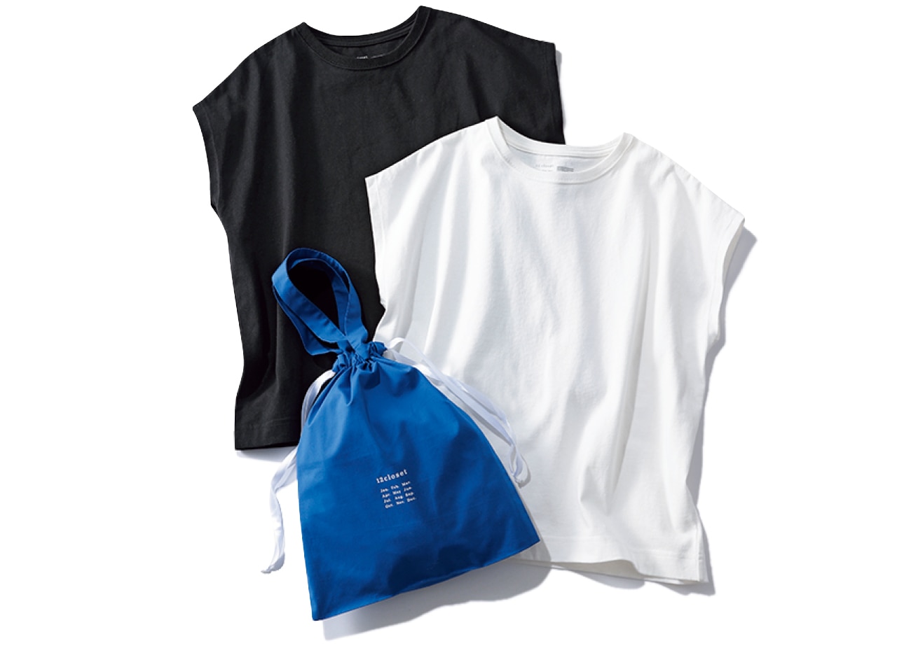 12closet（トゥエルブクローゼット）【洗える】大人に似合う・巾着つき USAコットン フレンチスリーブTシャツ（2枚入り）