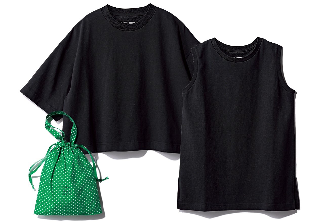 12closet（トゥエルブクローゼット）【洗える】大人に似合う・巾着付き USAコットンワイドTシャツ＆ノースリーブTシャツ ブラックT＆ブラックノースリーブ