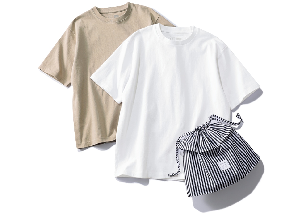 12closet（トゥエルブクローゼット）【洗える】大人に似合う・巾着つき USAコットンTシャツ（2枚入り） ホワイト&ベージュ