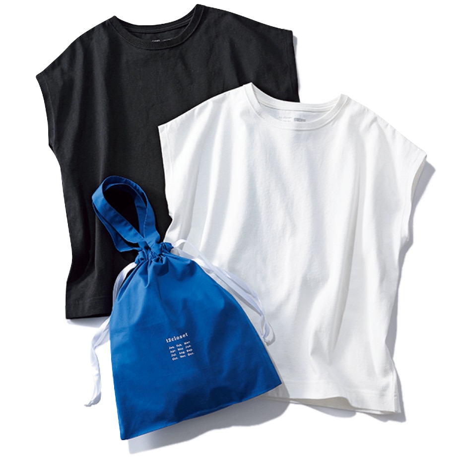 12closet（トゥエルブクローゼット）【洗える】大人に似合う・巾着つき USAコットン フレンチスリーブTシャツ（2枚入り）