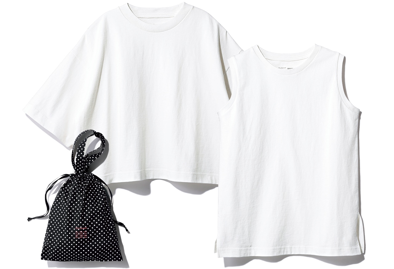 12closet（トゥエルブクローゼット）【洗える】大人に似合う・巾着付き USAコットンワイドTシャツ＆ノースリーブTシャツ ホワイトT＆ホワイトノースリーブ