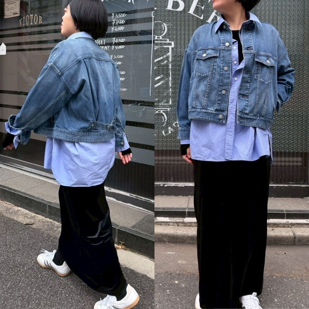 【ヘルシーデニム】「LEE別注 Short Cereal」×黒タイトスカートのコーデ