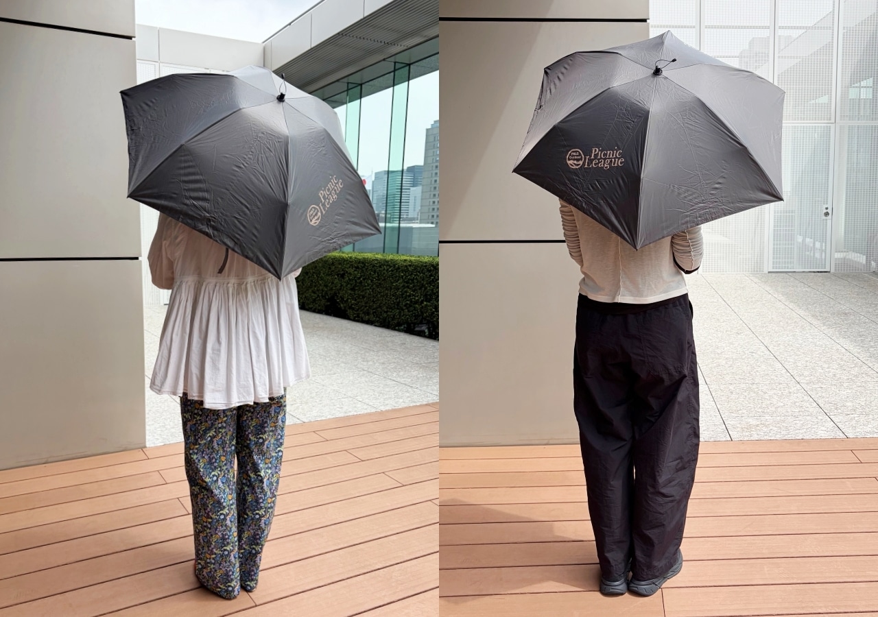 モンベルの日傘トラベルサンブロックアンブレラ50を156cmと170cmのスタッフがお試し