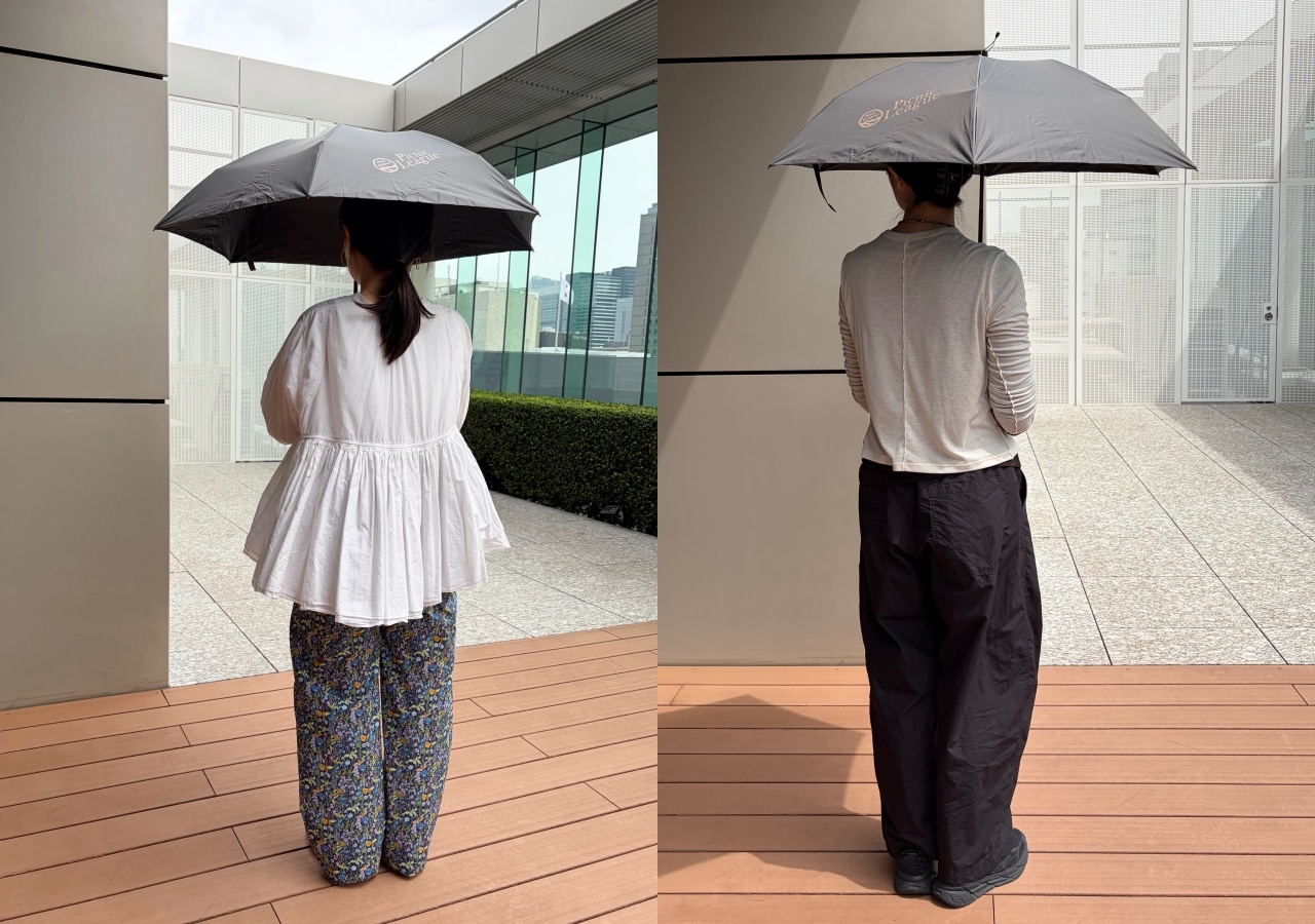 モンベルの日傘トラベルサンブロックアンブレラ55を156cmと170cmのスタッフがお試し比較