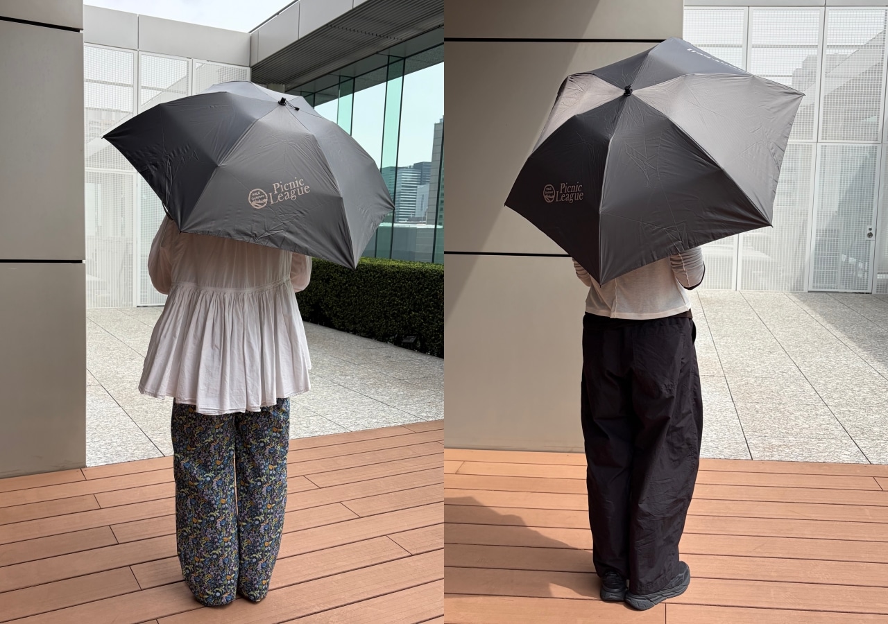 モンベルの日傘トラベルサンブロックアンブレラ55を156cmと170cmのスタッフがお試し