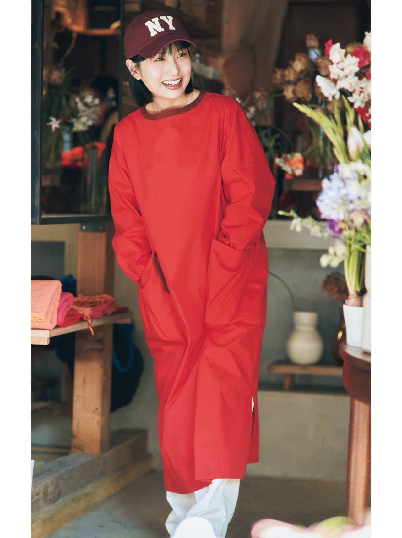 長谷川あかりさんの20th Anniv. LEE限定 12closet（トゥエルブクローゼット）【洗える】【長谷川あかりさんコラボ】New Kappogi レッド×ブラウンとPOLO RALPH LAUREN（ポロ ラルフ ローレン）【洗える】【長谷川あかりさんセレクト】NYロゴ クラシックスポーツキャップのコーデ