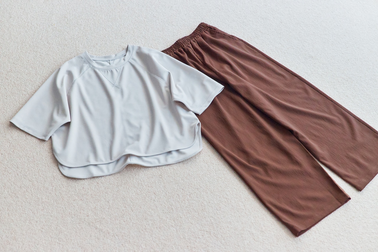 ジョーゼットこなれT【乾燥機OK】￥2990～・セミワイドイージーパンツ【乾燥機OK】￥3290〜／ベルメゾン（ラクドライ）