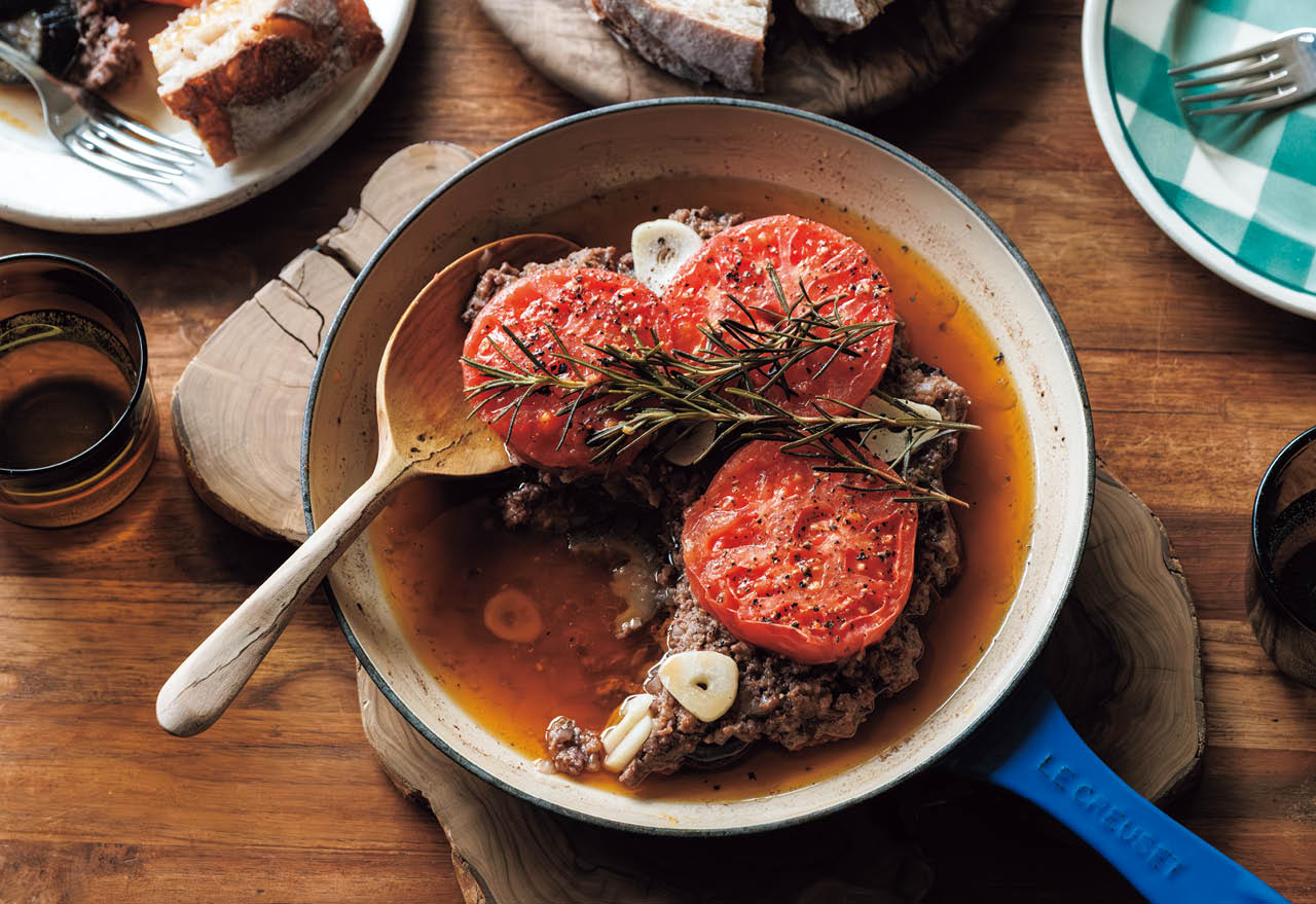 なす、トマトのひき肉ハーブ蒸し