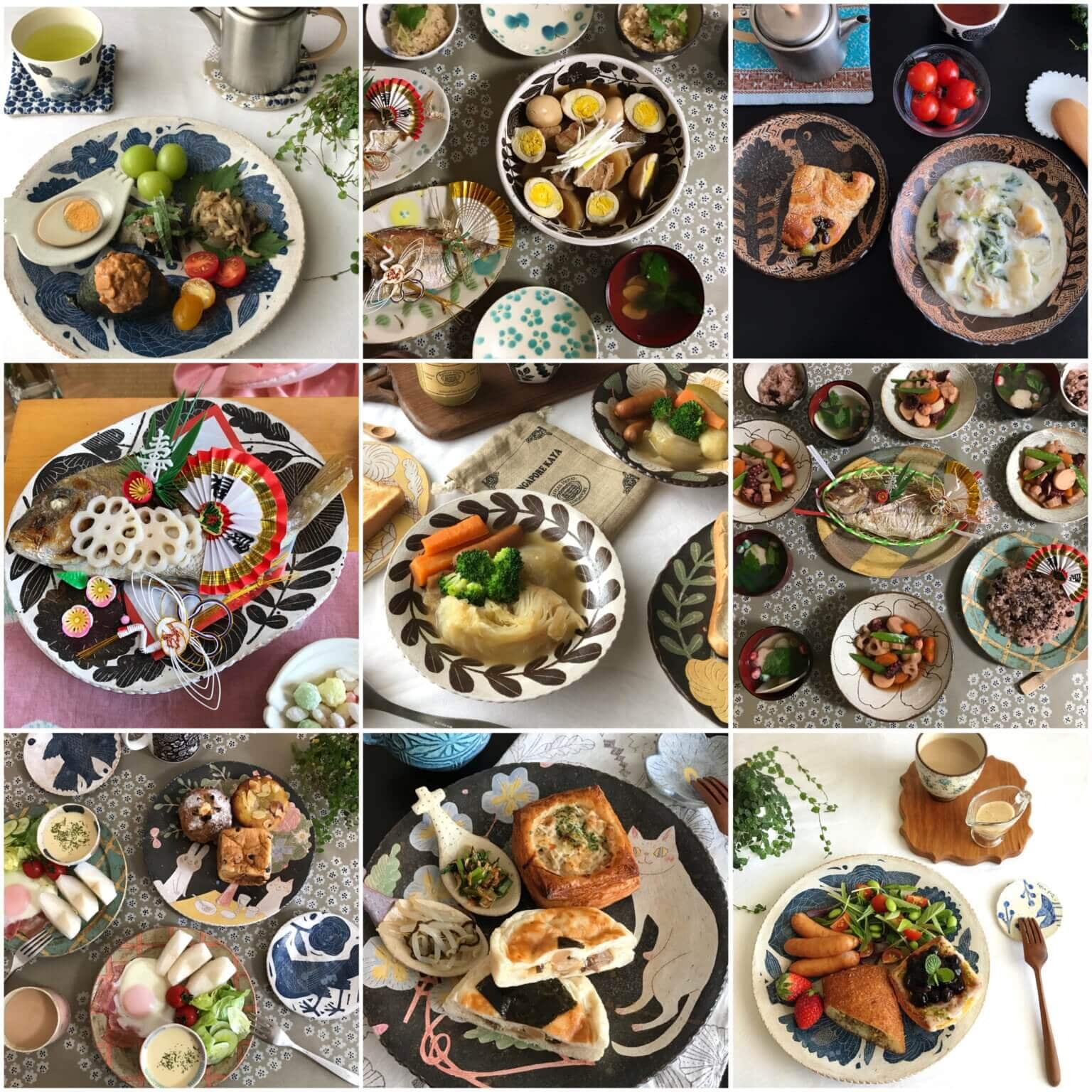 鹿児島睦さん作陶のハンドメイドの器を使った食卓写真、9枚を並べたものその2
