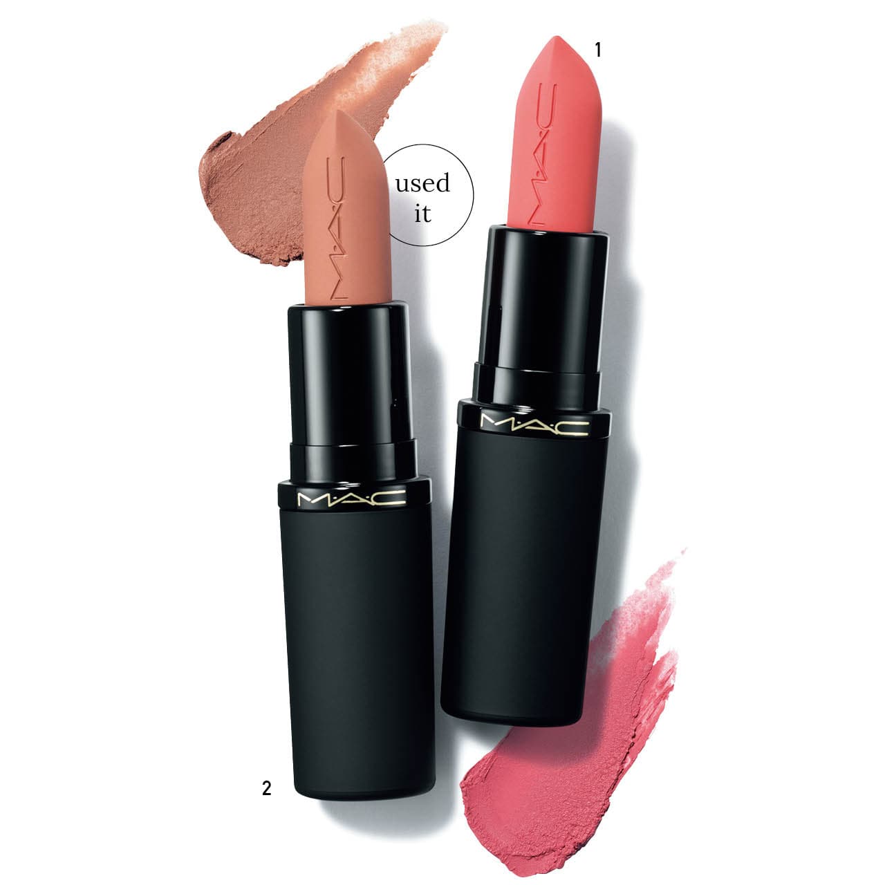 1.パウダー キス ヘイジー マット リップスティック サルトリネス・2.同 オフ ザ マーケット（各）￥4840／M・A・C