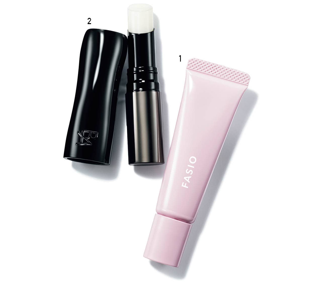 1.ファシオ ぷるんとリップ美容液 UV SPF13・PA+￥1210（編集部調べ）／コーセー（4/16発売）　2.B.A リップゾーンクリーム￥6930／ポーラ