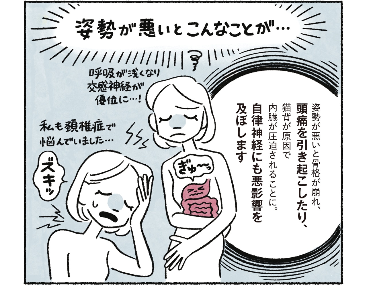 漫画10コマめ 姿勢が悪いと骨格が崩れ、頭痛を引き起こしたり、猫背が原因で内臓が圧迫されることに。自律神経にも悪影響を及ぼします。